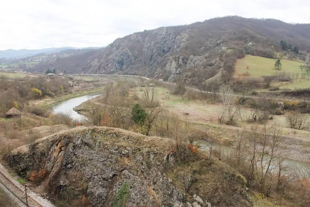 The Ibar river valley with wooded cliffs and medieval Serbia country beyond Kraljevo