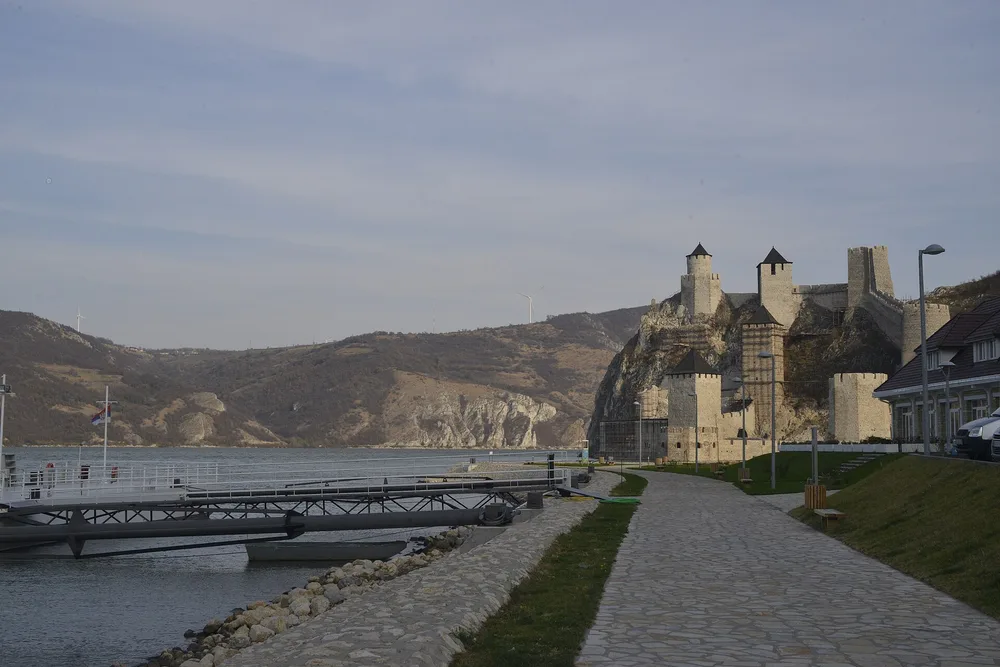 Golubac Fortress and the riverside promenade at the entrance to the Iron Gate gorge on the Danube
