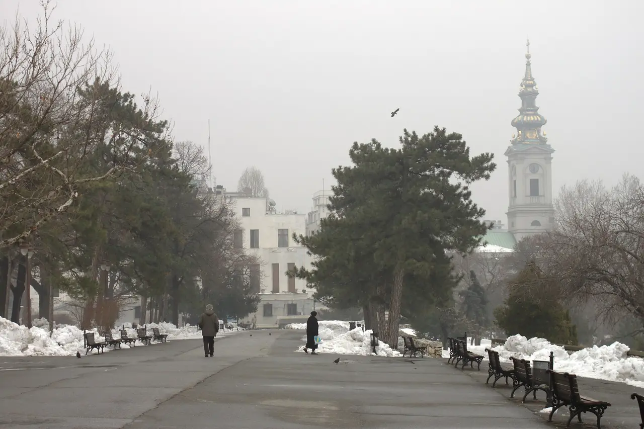 Kalemegdan fortress in Belgrade under thick February fog, bare trees and empty ramparts