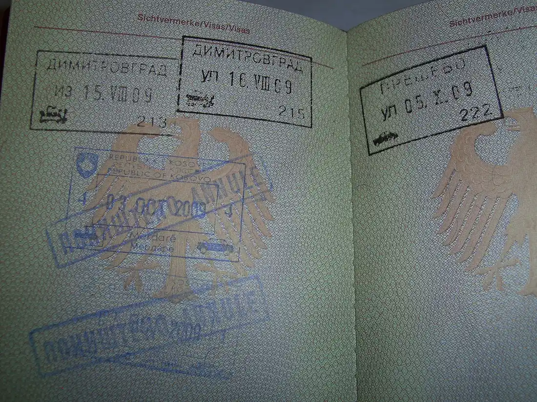 A Kosovo passport stamp crossed out after being annulled by Serbian authorities
