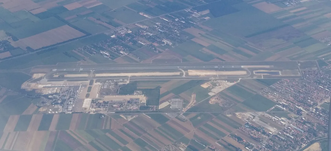 Aerial view of Belgrade Nikola Tesla Airport, where most visitors get their first Serbian entry stamp