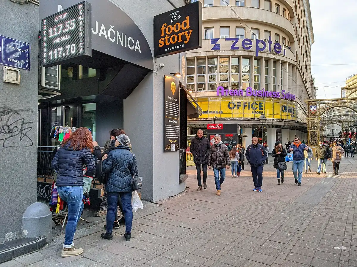 A currency exchange office (menjacnica) with a rates board on Terazije square in central Belgrade