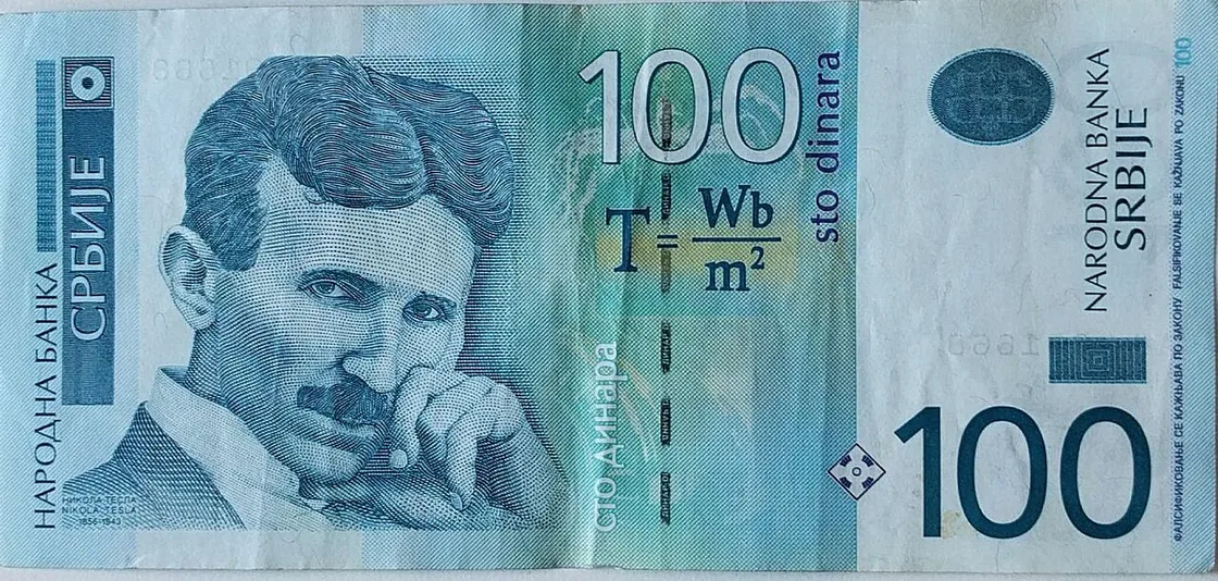 The front of a Serbian 100-dinar banknote showing Nikola Tesla