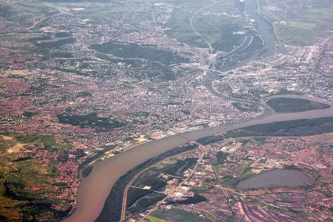 A view across central Belgrade with the river in the distance