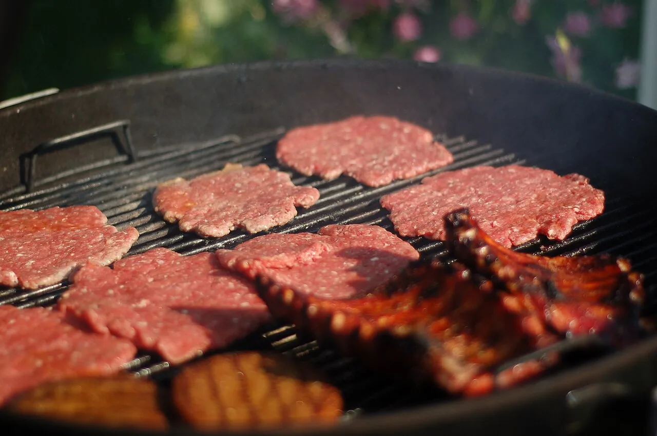 A pljeskavica, a large grilled meat patty, served on a plate with side salad