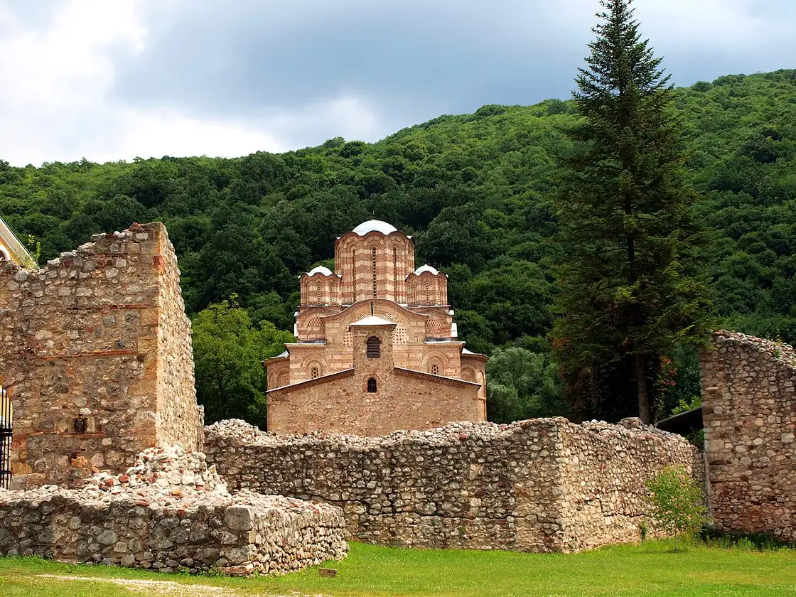 Ravanica monastery church seen from inside the surviving stretch of its fortified wall