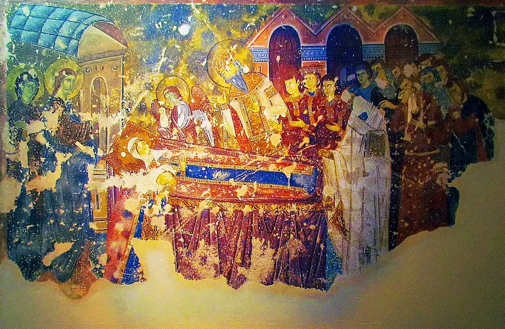 A 13th-century fresco at Sopocani showing the death of Queen Ana Dandolo, painted 1272-74