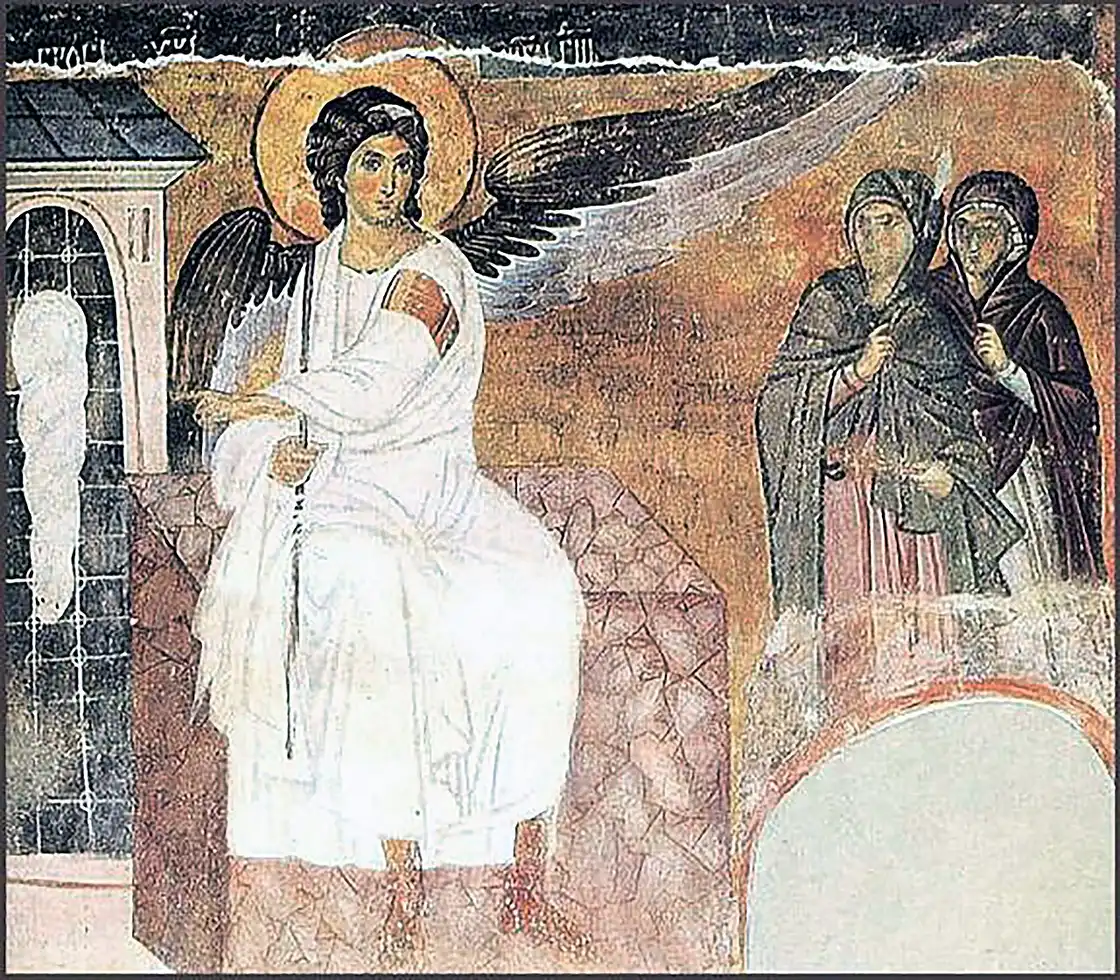 The White Angel fresco at Mileseva, an angel in white robes seated at the empty tomb of Christ