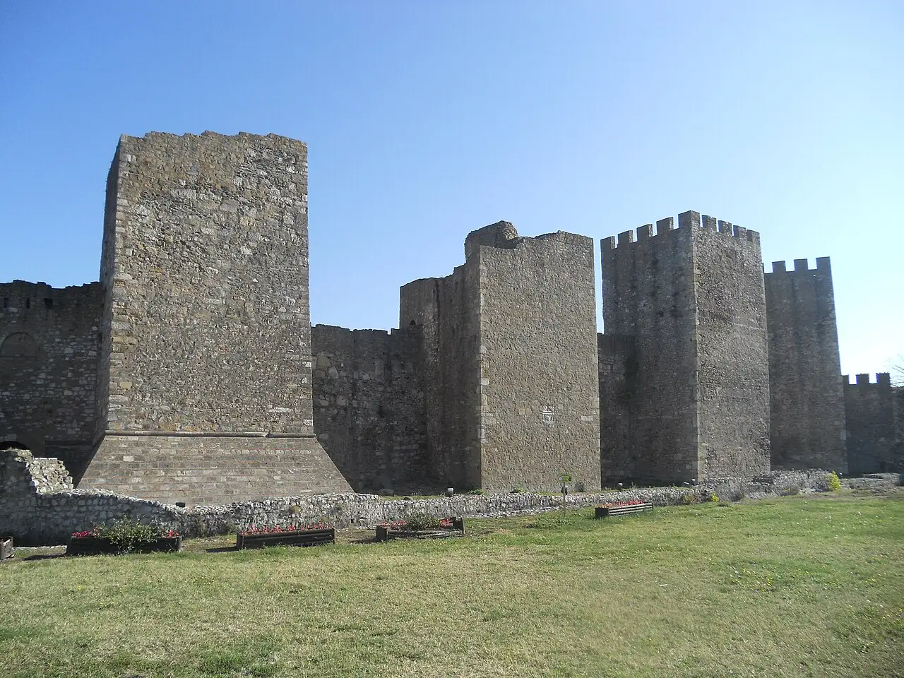 The Danube-facing wall of Smederevo Fortress with tall square towers and a grassy inner ward