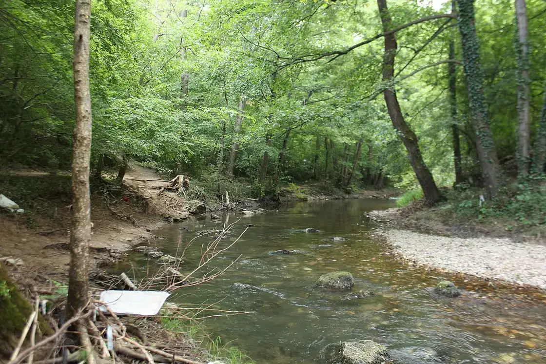 Woodland path and rocky outcrops at the Lepterija picnic area outside Sokobanja