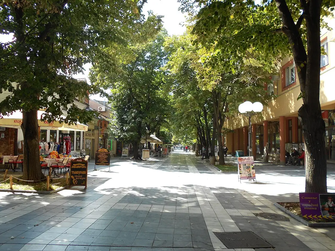 The pedestrian shopping street in central Sokobanja with cafes and shopfronts