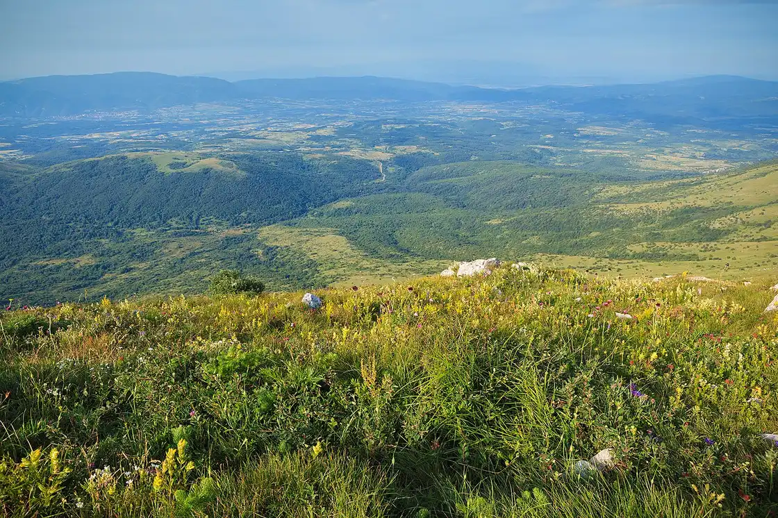 Aerial view across forested ridges from the slopes of Rtanj mountain near Sokobanja