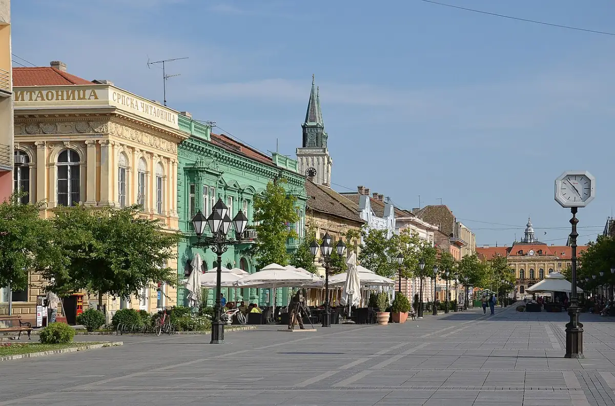 Pedestrian main street in central Sombor with cafes and historic facades
