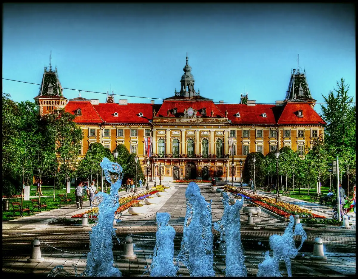 The Bačko-Bodrog County Hall building in Sombor seen across its front park