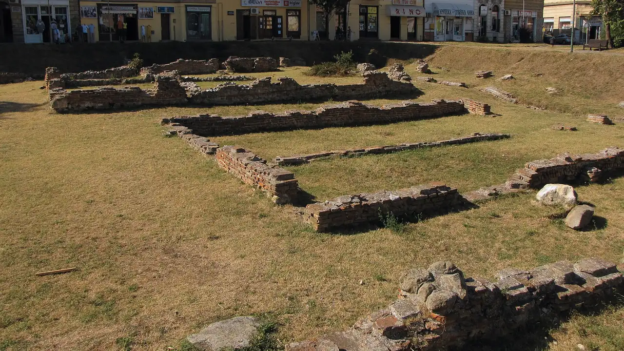 Fired-brick foundations of Roman Sirmium in the centre of Sremska Mitrovica, with the modern town behind