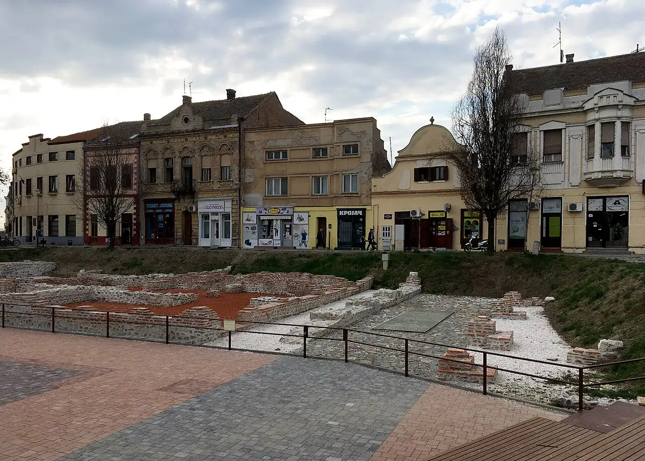 The open-air Sirmium imperial palace ruins fenced in the centre of Sremska Mitrovica