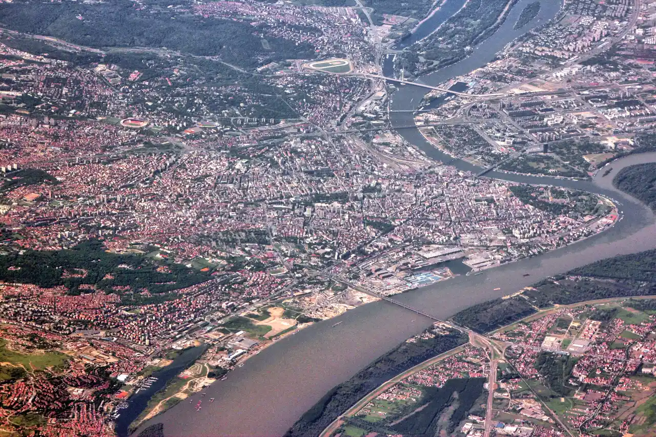 Aerial view of Belgrade at the confluence of the Sava and the Danube, the start of the Šumadija wine route