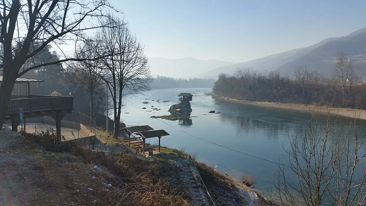 The small wooden house on a rock in the middle of the Drina river near Bajina Bašta