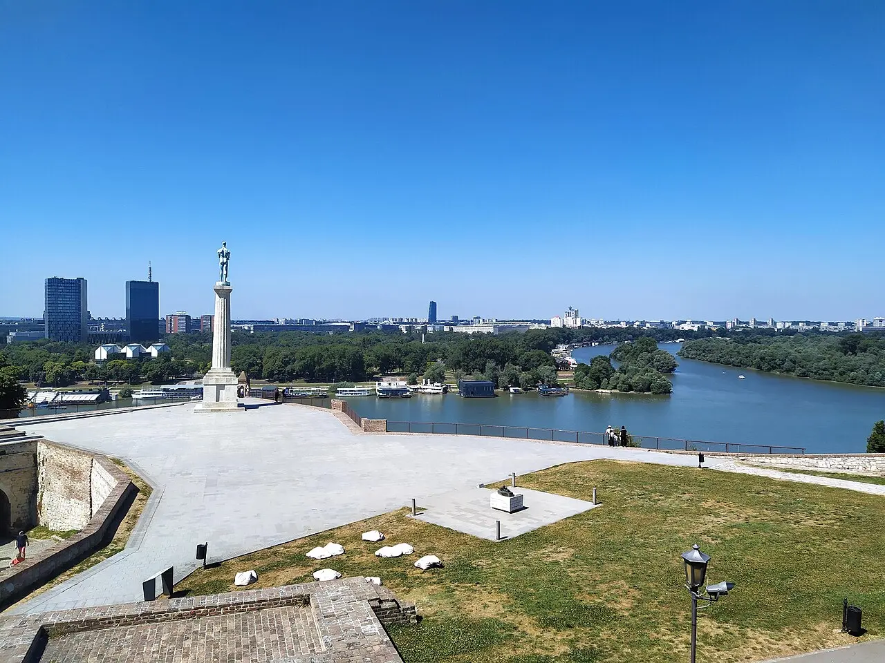 The Victor Monument on its column above the confluence of the Sava and Danube rivers, seen from Kalemegdan Park
