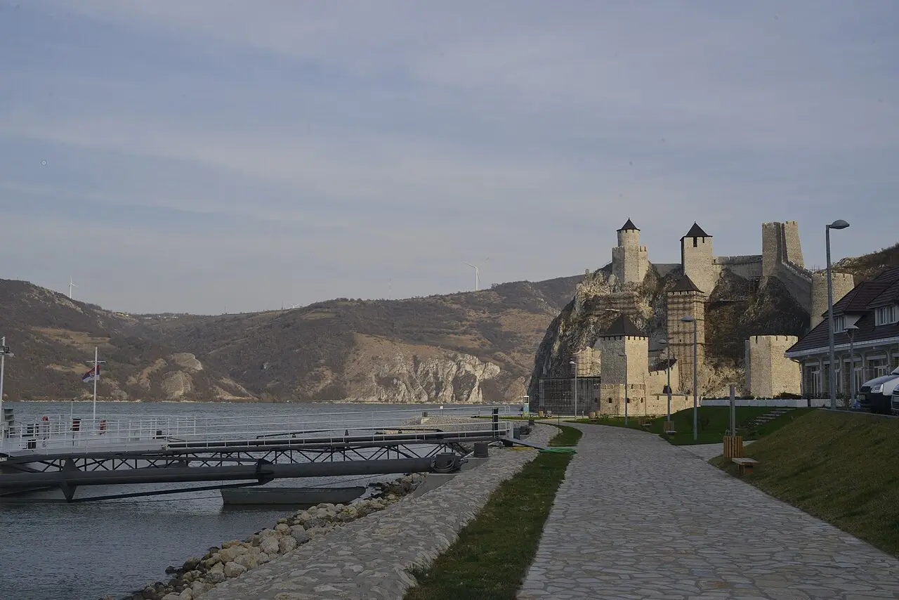 Golubac Fortress and its towers guarding the Danube at the entrance to the Iron Gate gorge