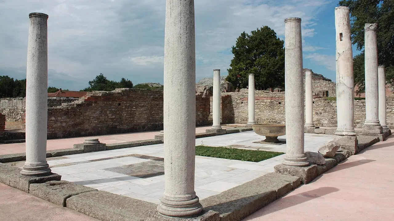 The reconstructed colonnade and marble floor of the imperial palace at Felix Romuliana in Gamzigrad, eastern Serbia