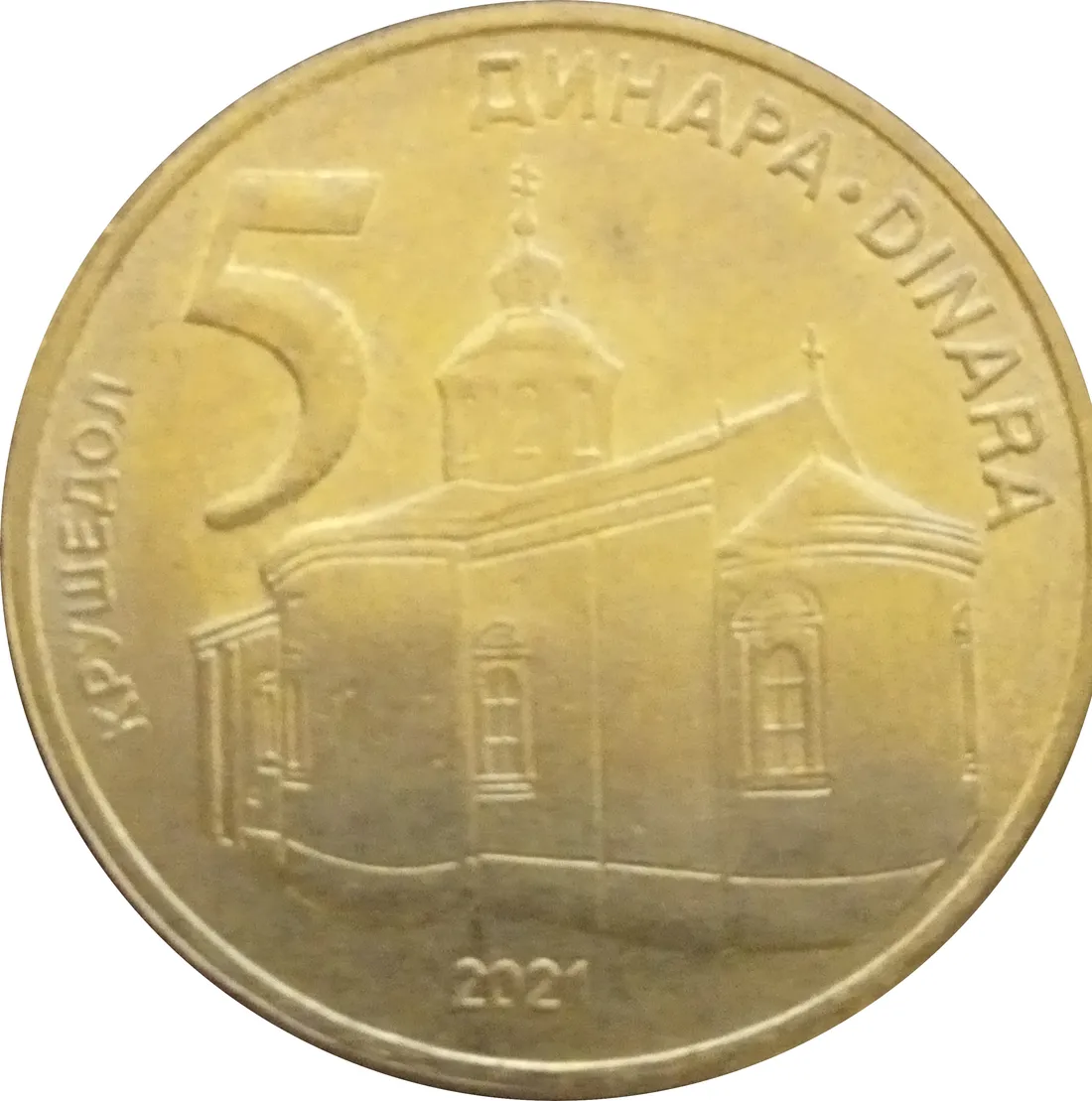 A close-up of a Serbian 5-dinar coin, the kind of small change used to round up a bill