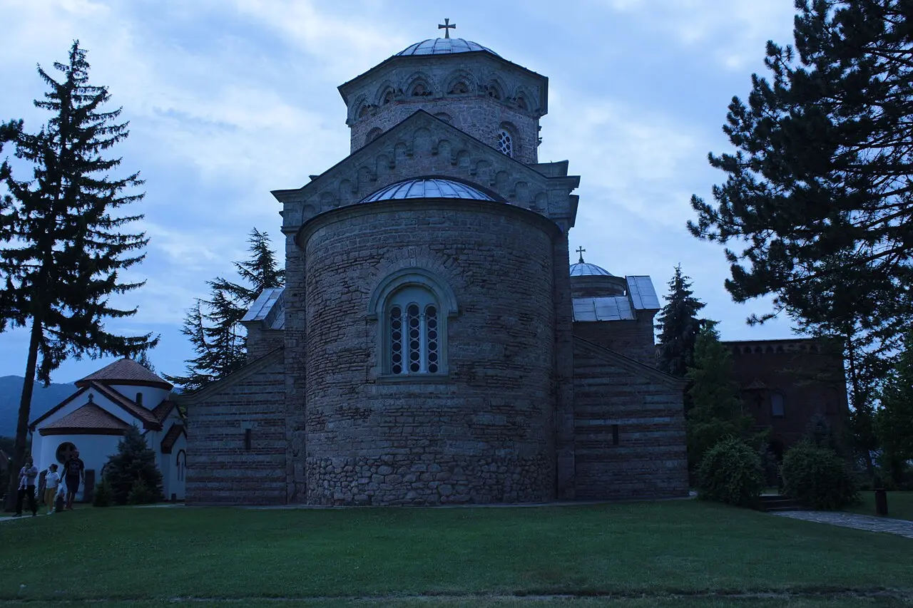 The deep red Church of the Holy Saviour at Zica monastery near Kraljevo