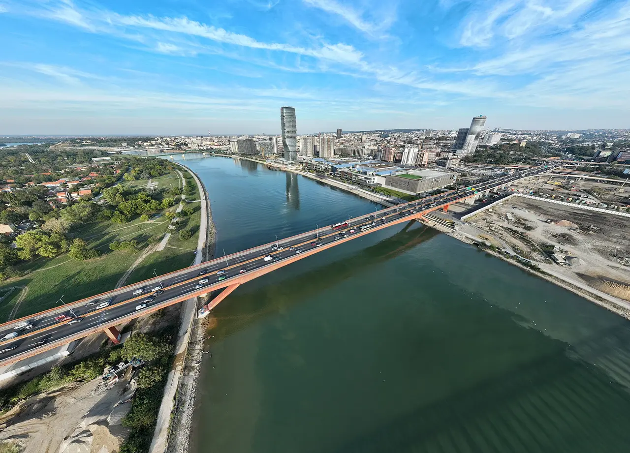 The Gazela bridge carrying traffic over the Sava in Belgrade, with the Belgrade Waterfront tower behind