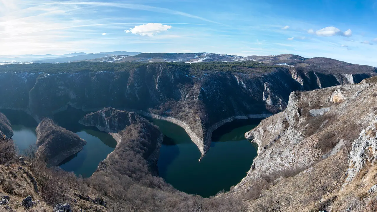 The looping meanders of the Uvac river seen from the Molitva viewpoint on a clear winter day