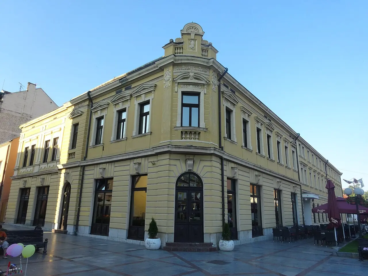 A historicist corner building on Trg Zivojina Misica, the main square in central Valjevo