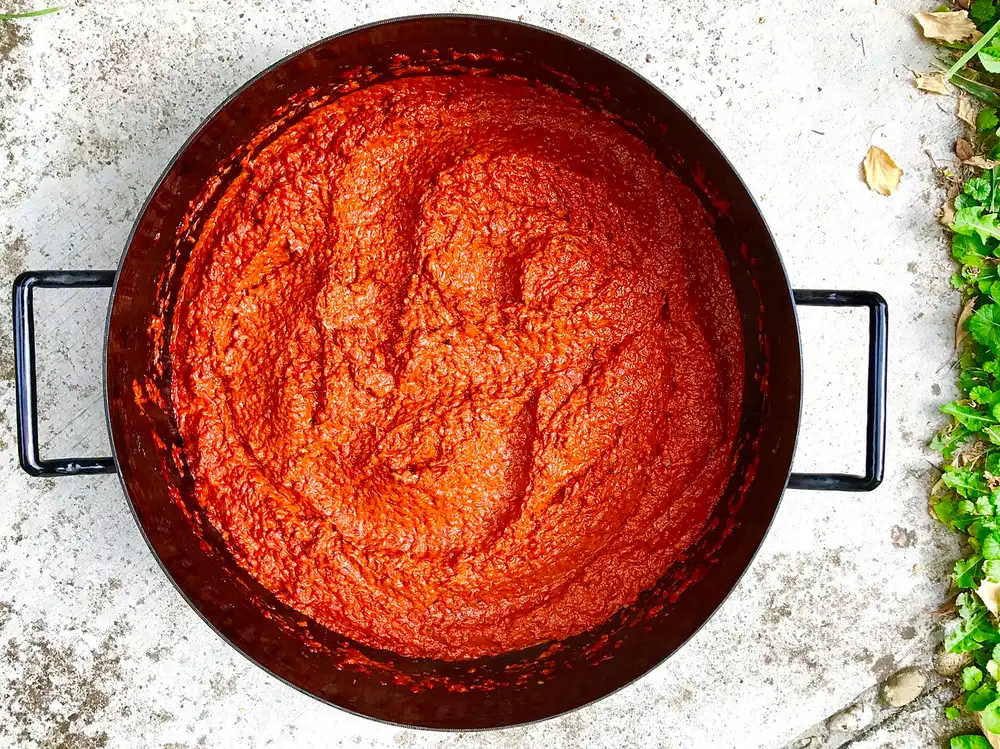 A bowl of homemade ajvar, the roasted red pepper relish