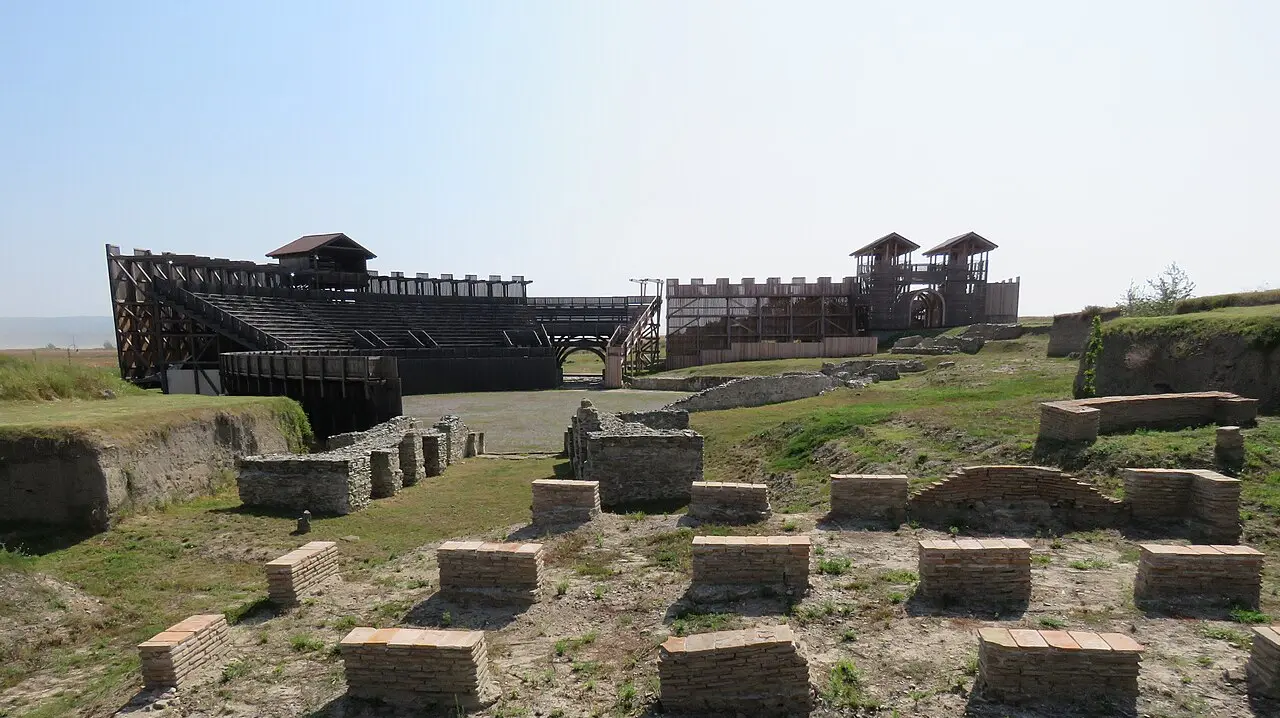 Reconstructed timber seating above the excavated Roman amphitheatre arena at Viminacium