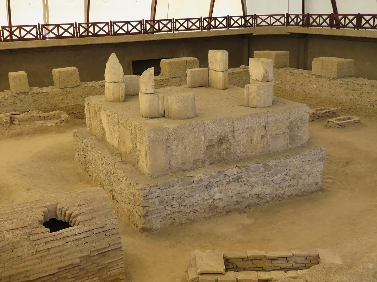 Stepped imperial mausoleum and surrounding Roman tombs under a shelter at Viminacium