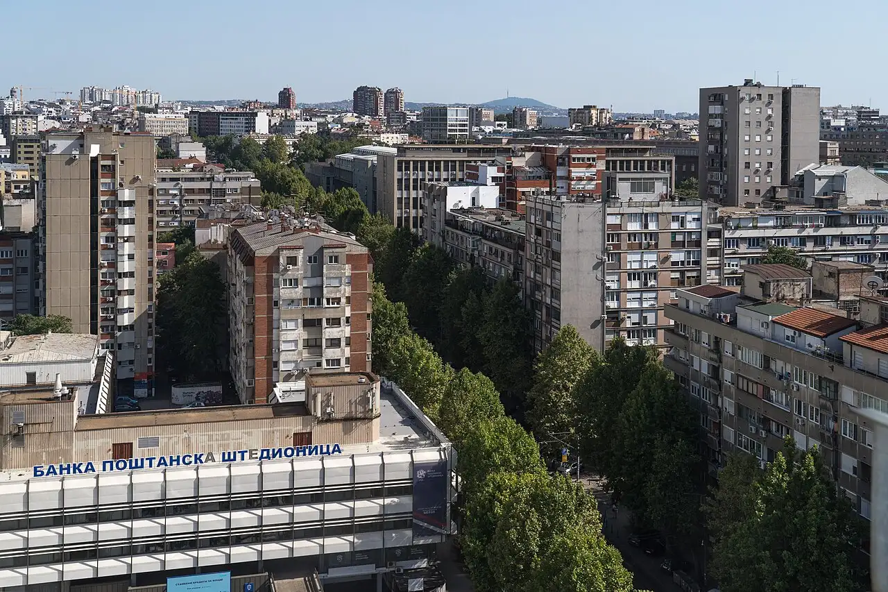View across central Belgrade toward the New Belgrade towers, the start of the Vojvodina loop