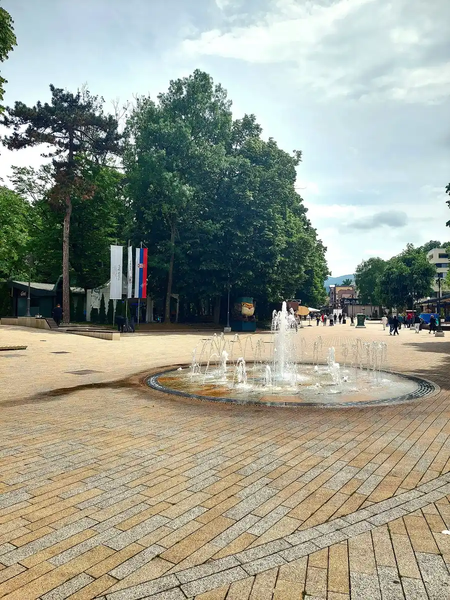 An ornamental fountain surrounded by flowers in the central park of Vrnjacka Banja