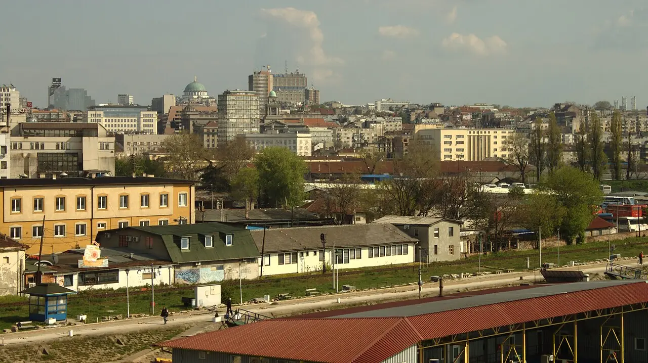 The central Belgrade skyline with the dome of the Church of Saint Sava rising above the rooftops