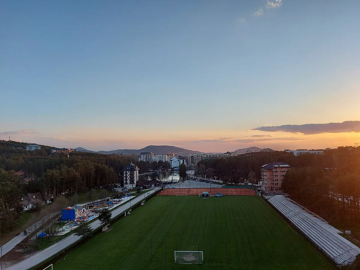 Hotels, apartments and restaurants clustered around the central promenade of Zlatibor resort